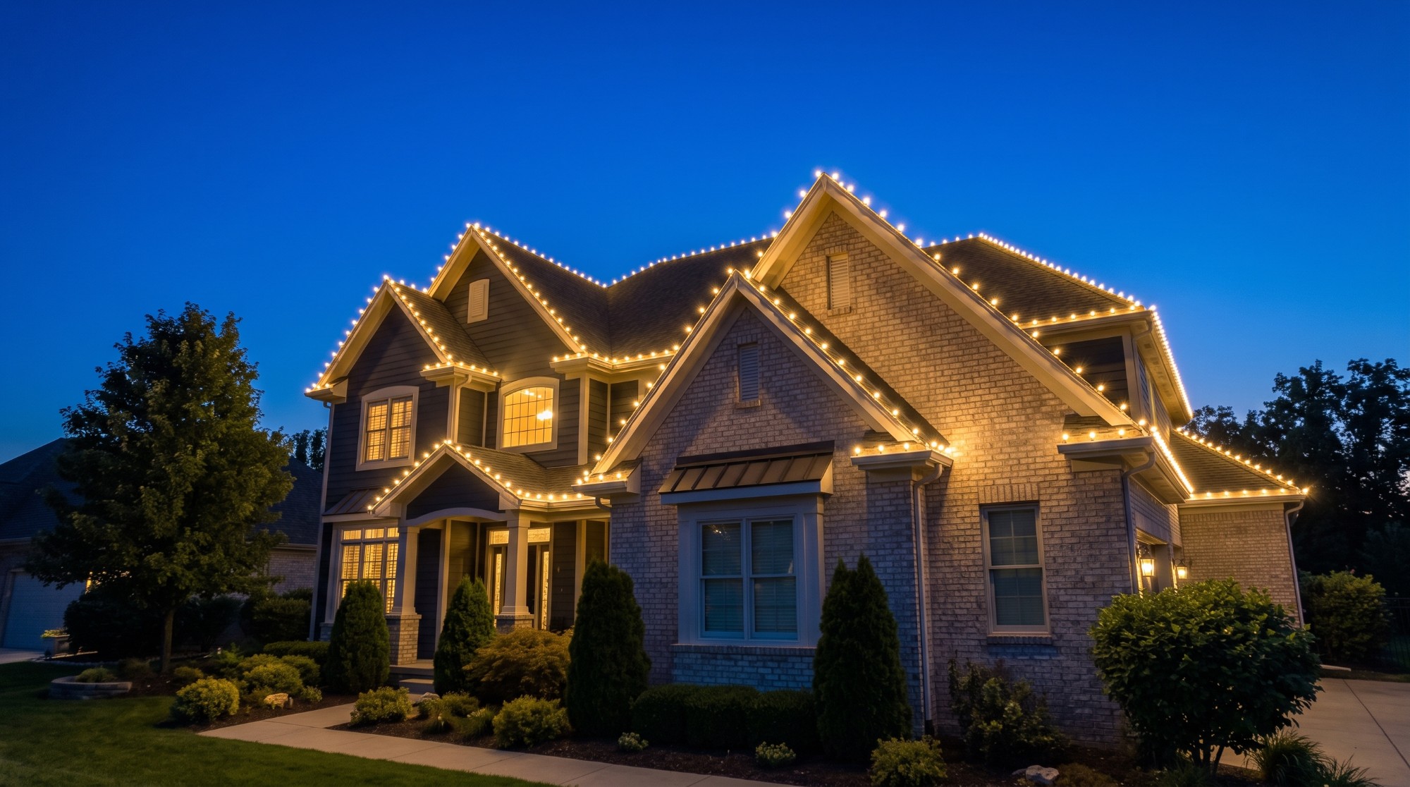 Street-level view looking up a home facade at dusk, every roofline edge lit in warm white