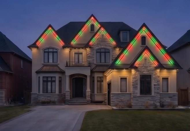 The same roofline in red and green along every gable, with the warm wash still lighting the stone below.