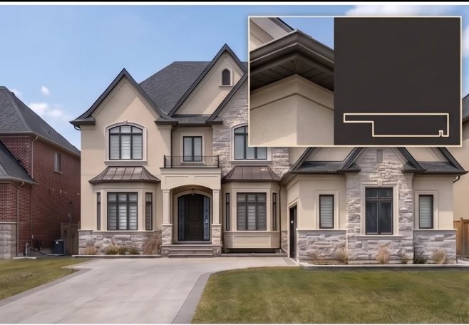 The same house in daylight with the system switched off — the track is colour-matched to the fascia and tucked under the eave.